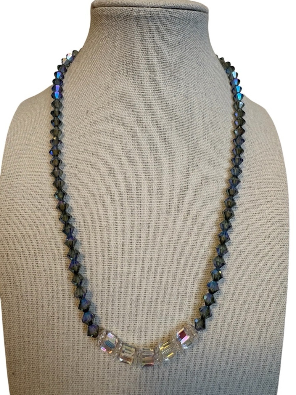 Vintage Crystal Necklace Sterling Silver Iridescent Blue